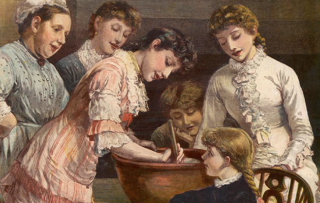 Family and servants stir the  pudding         Date: 1881